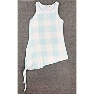 Y2K Chalet Plaid Tunic Top Blue White Asymmetrical Tie Coastal Boho Small